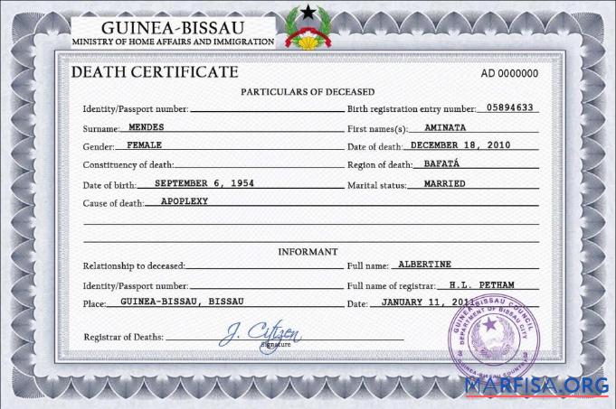 Blank Guinea Bissau vital record death certificate PSD template
